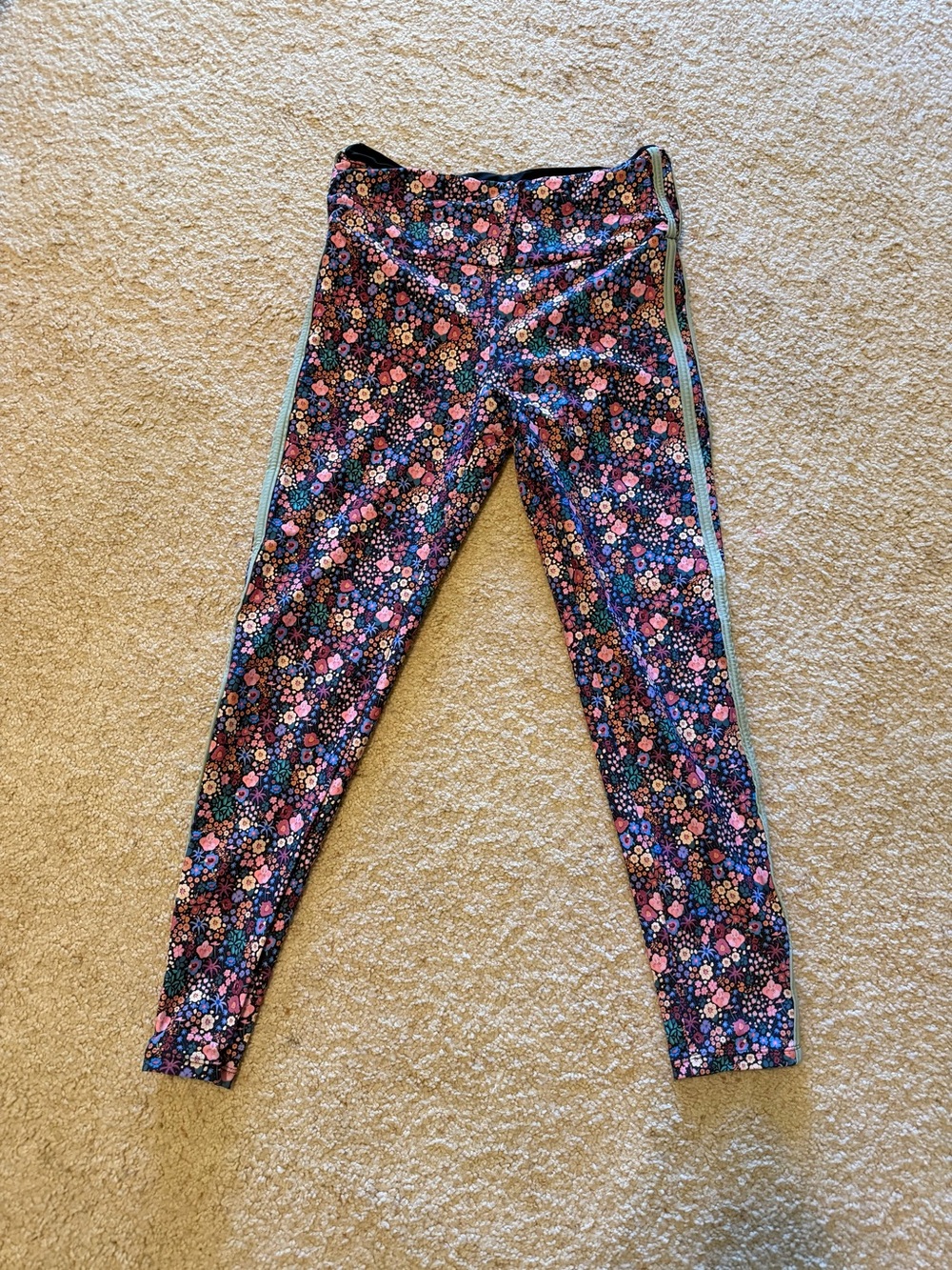 Women Floral Print Leggings with Side Stripe - Pink & Blue